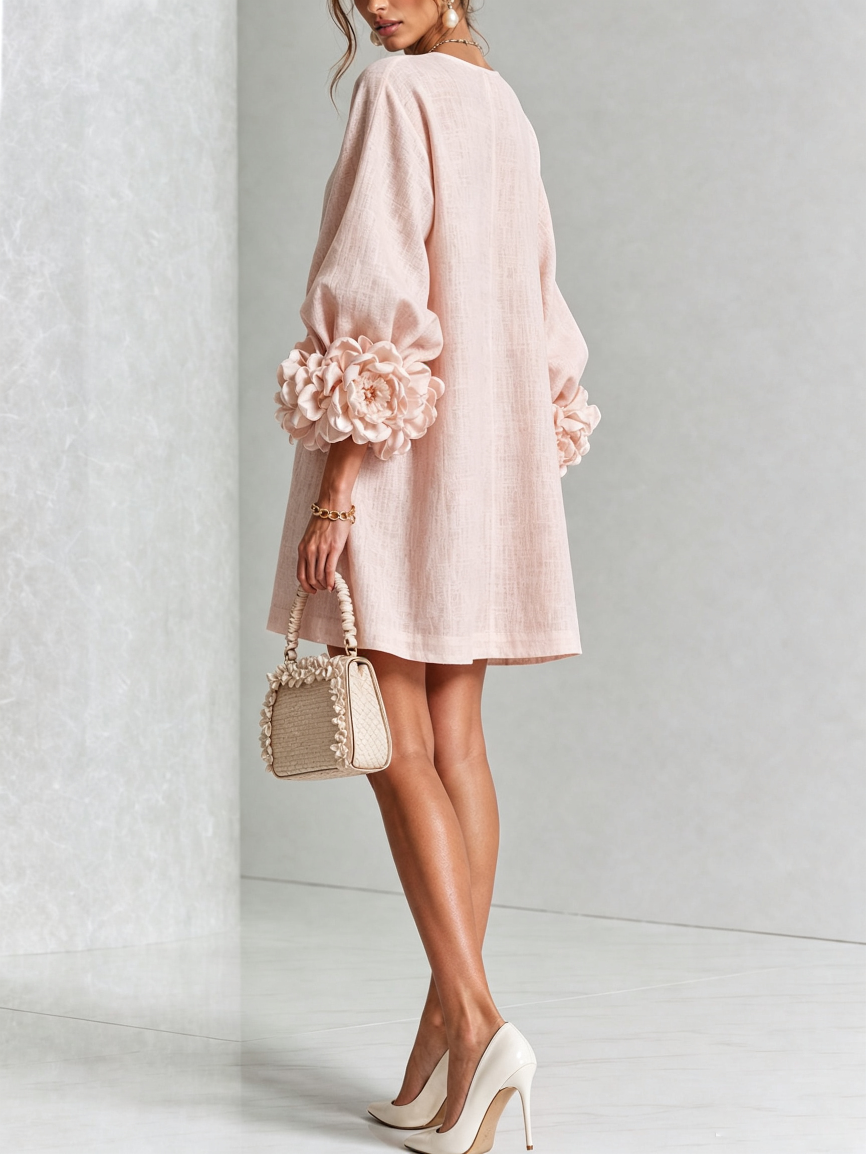 BloomCuff Mini Dress – Button-Front Shift Dress with Rose-Knot Cuffs