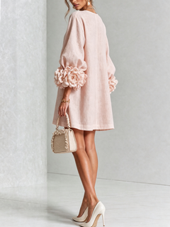 BloomCuff Mini Dress – Button-Front Shift Dress with Rose-Knot Cuffs