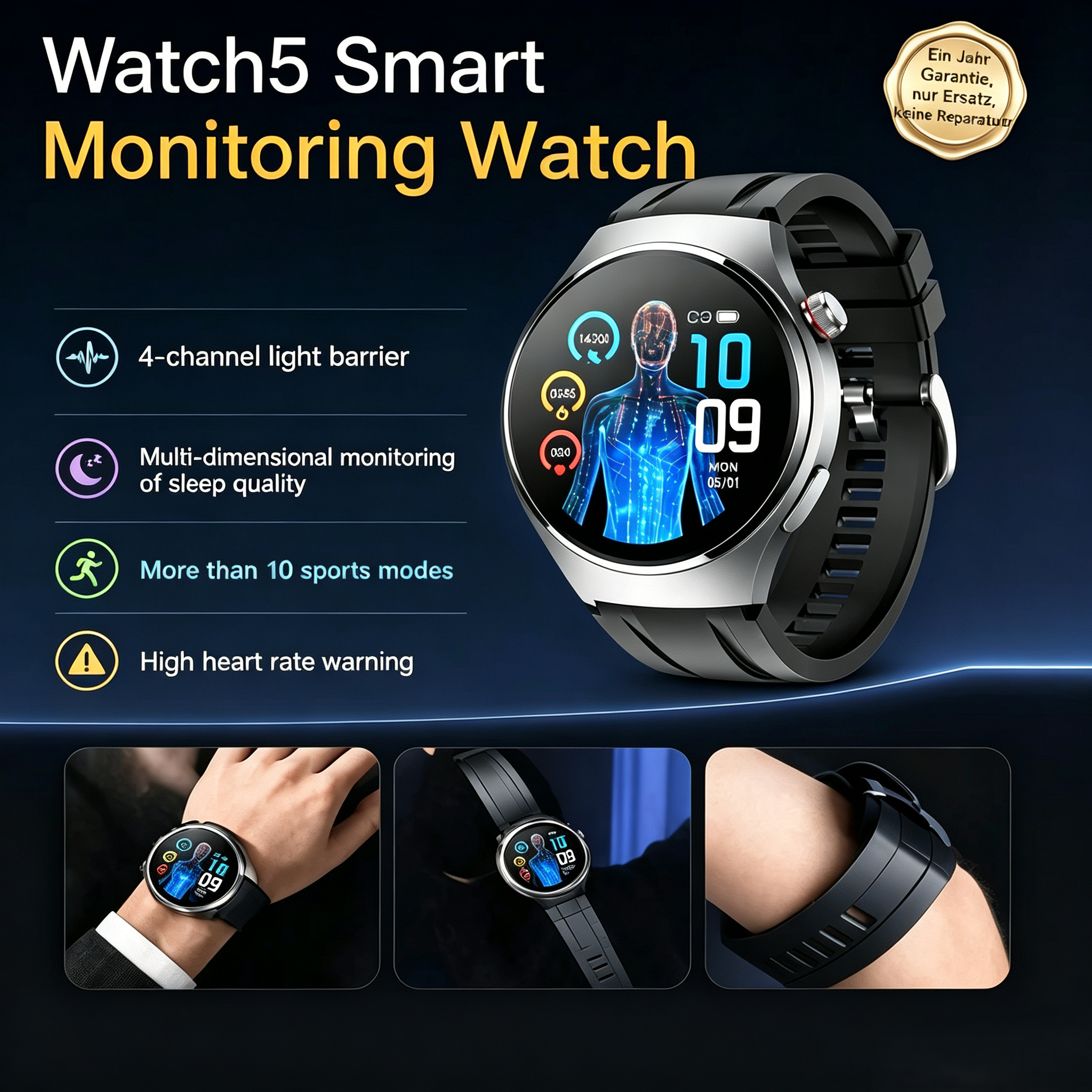 PulseGuard Watch5 – 24/7 Health Monitoring Smartwatch with ECG, Heart Rate Tracking and SOS Calling