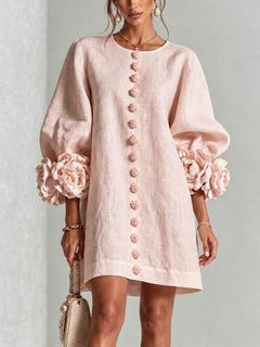 BloomCuff Mini Dress – Button-Front Shift Dress with Rose-Knot Cuffs