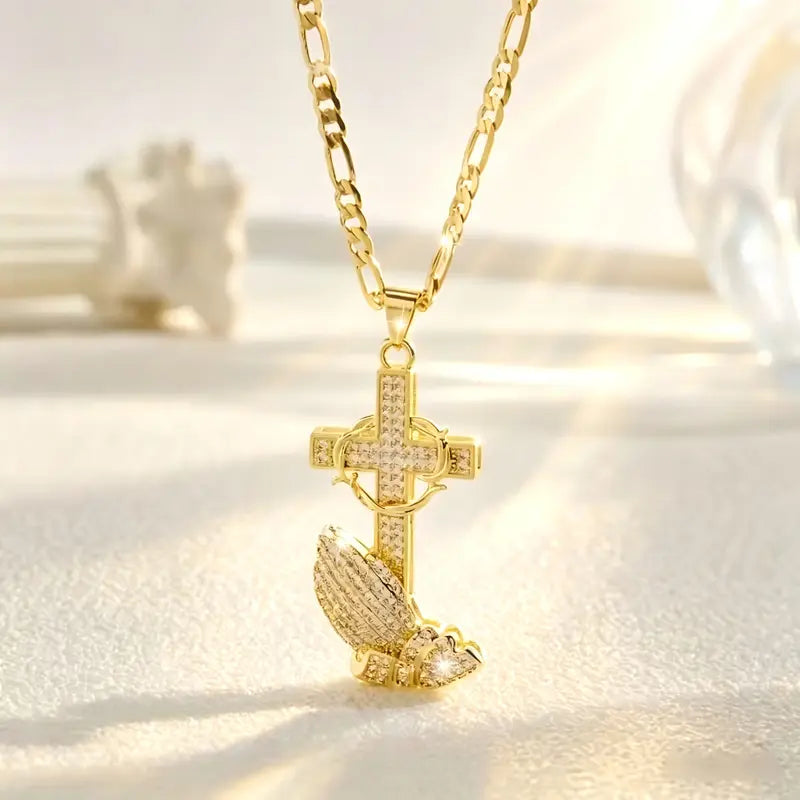 GracePendant – Gold-Tone Cross & Prayer Hands Necklace with Figaro Chain