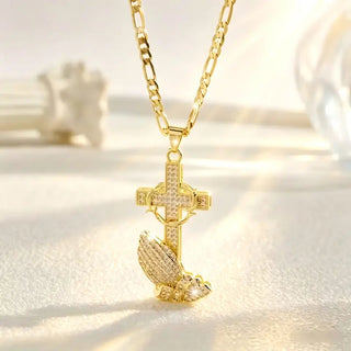 GracePendant – Gold-Tone Cross & Prayer Hands Necklace with Figaro Chain