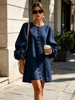 BloomCuff Mini Dress – Button-Front Shift Dress with Rose-Knot Cuffs