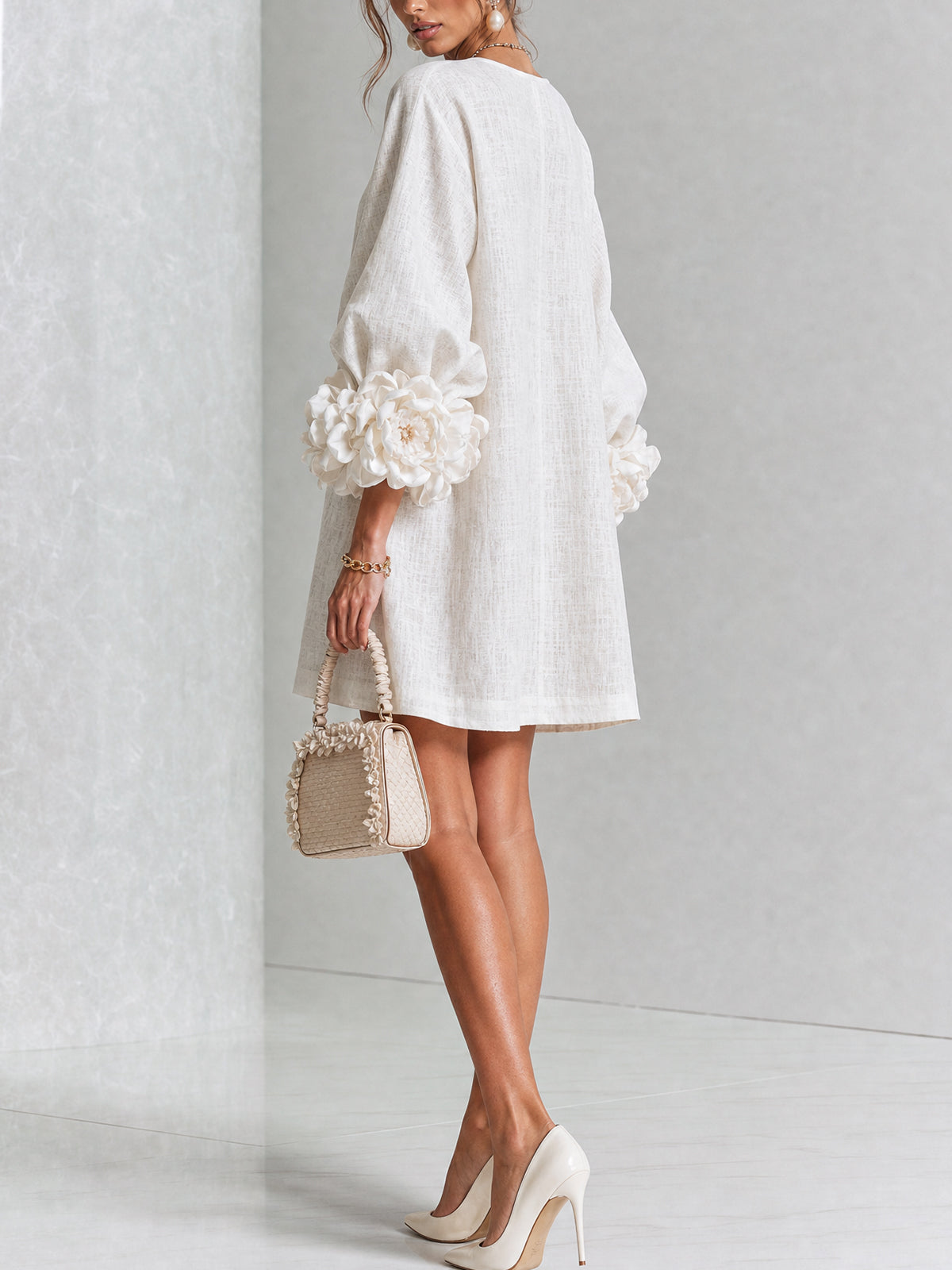 BloomCuff Mini Dress – Button-Front Shift Dress with Rose-Knot Cuffs