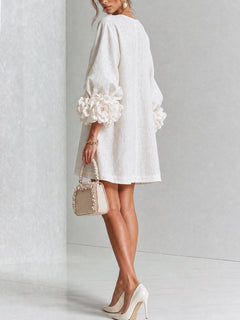 BloomCuff Mini Dress – Button-Front Shift Dress with Rose-Knot Cuffs