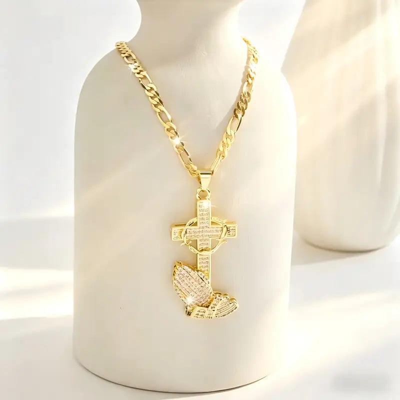 GracePendant – Gold-Tone Cross & Prayer Hands Necklace with Figaro Chain