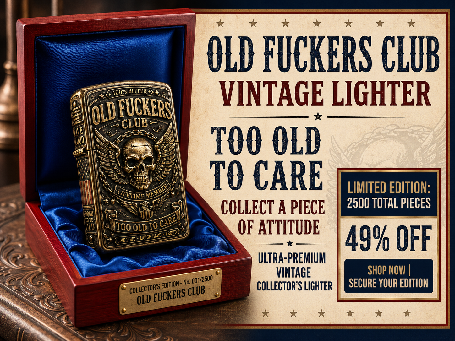 TooOldToCare – Old Fuckers Club Vintage Collectible Metal Lighter, 2026 Limited Edition