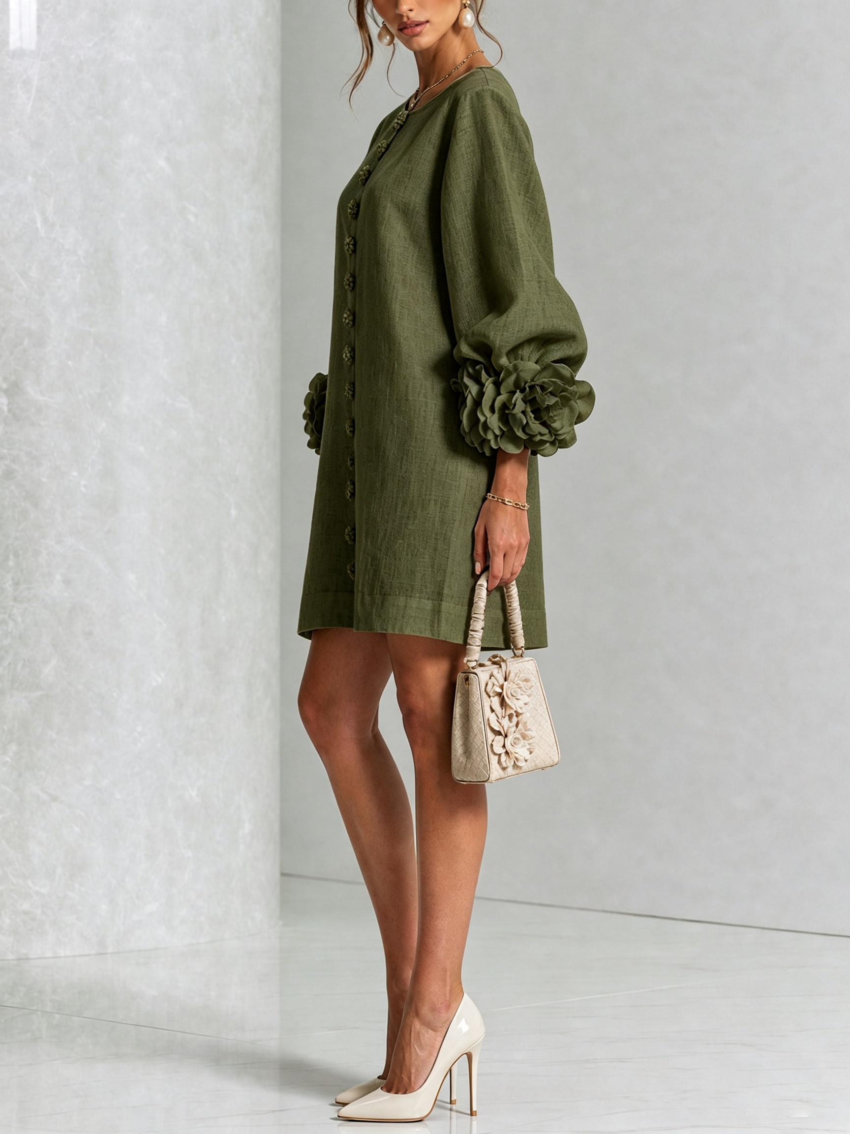 BloomCuff Mini Dress – Button-Front Shift Dress with Rose-Knot Cuffs