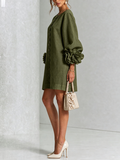 BloomCuff Mini Dress – Button-Front Shift Dress with Rose-Knot Cuffs