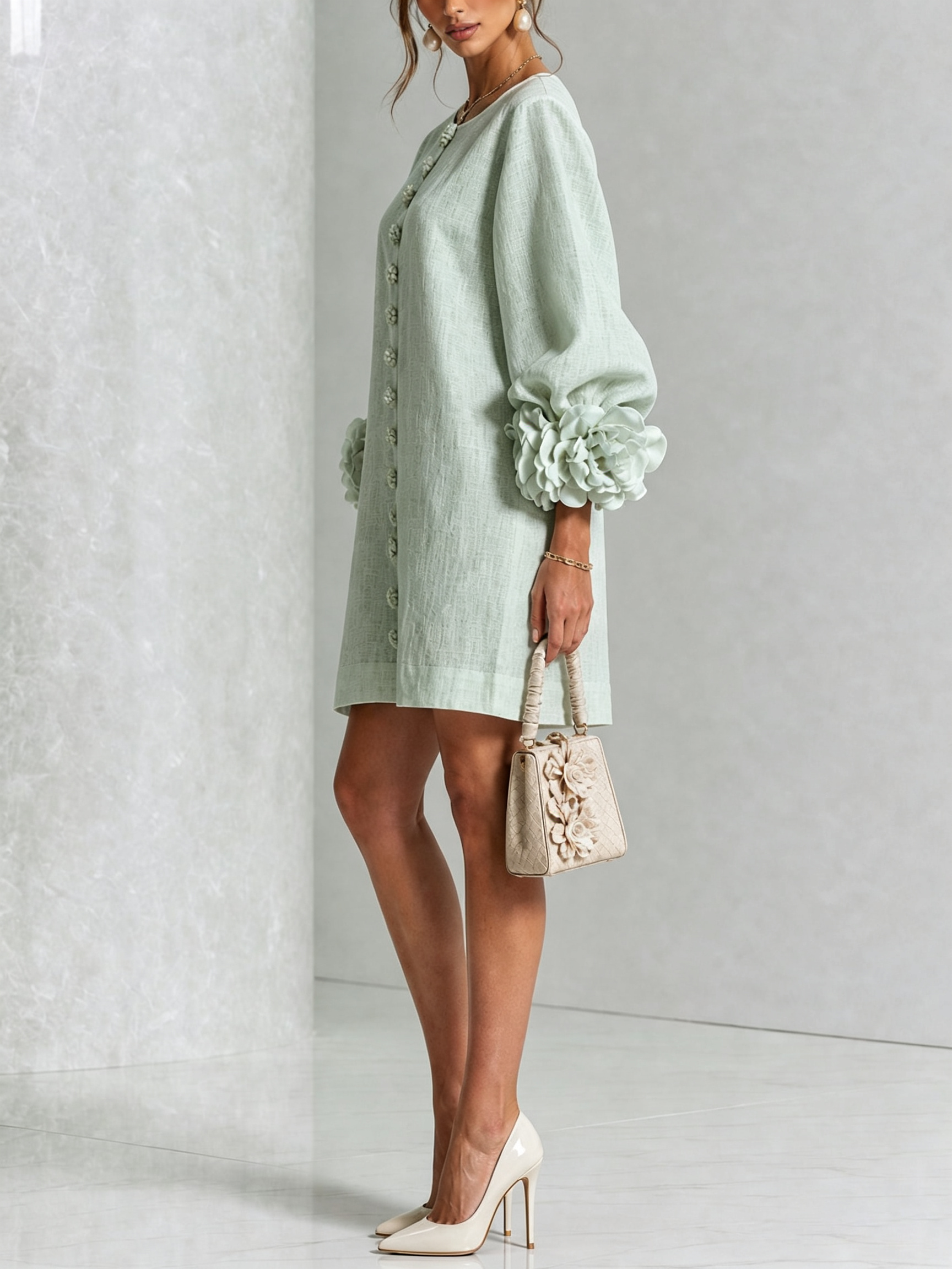 BloomCuff Mini Dress – Button-Front Shift Dress with Rose-Knot Cuffs