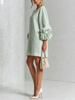 BloomCuff Mini Dress – Button-Front Shift Dress with Rose-Knot Cuffs