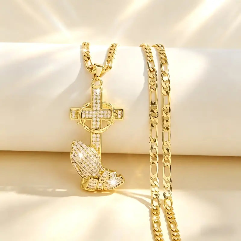 GracePendant – Gold-Tone Cross & Prayer Hands Necklace with Figaro Chain