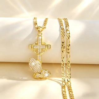 PrayerGlow Necklace – Gold-Tone Cross & Prayer Hands Pendant