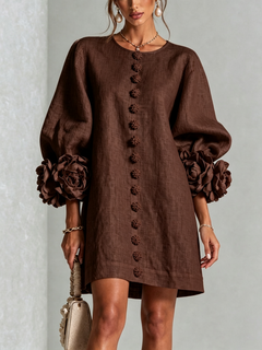 BloomCuff Mini Dress – Button-Front Shift Dress with Rose-Knot Cuffs
