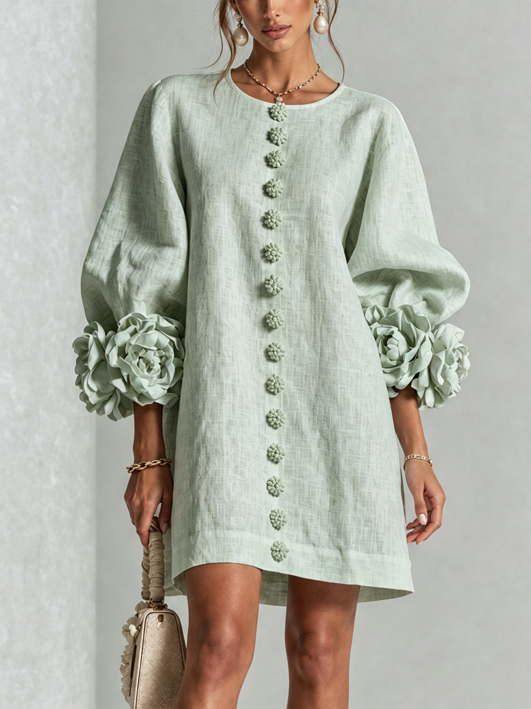 BloomCuff Mini Dress – Button-Front Shift Dress with Rose-Knot Cuffs