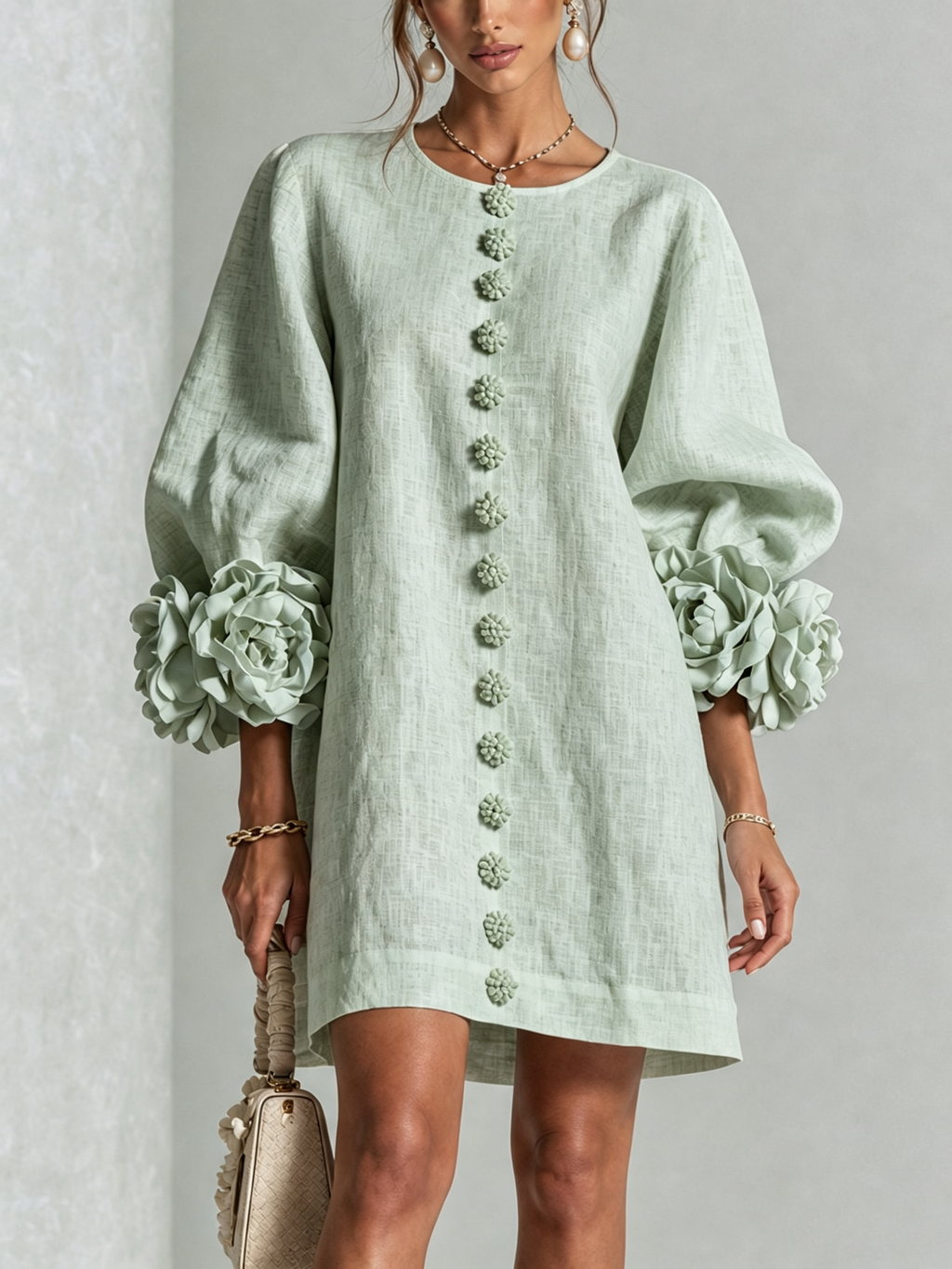 BloomCuff Mini Dress – Button-Front Shift Dress with Rose-Knot Cuffs