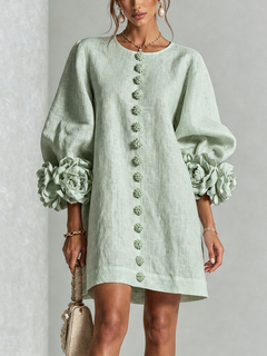 BloomCuff Mini Dress – Button-Front Shift Dress with Rose-Knot Cuffs