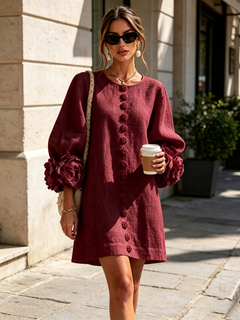BloomCuff Mini Dress – Button-Front Shift Dress with Rose-Knot Cuffs