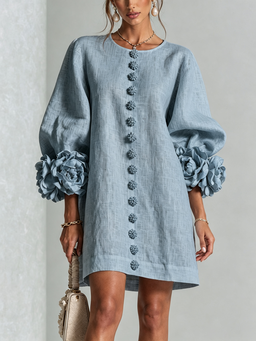 BloomCuff Mini Dress – Button-Front Shift Dress with Rose-Knot Cuffs