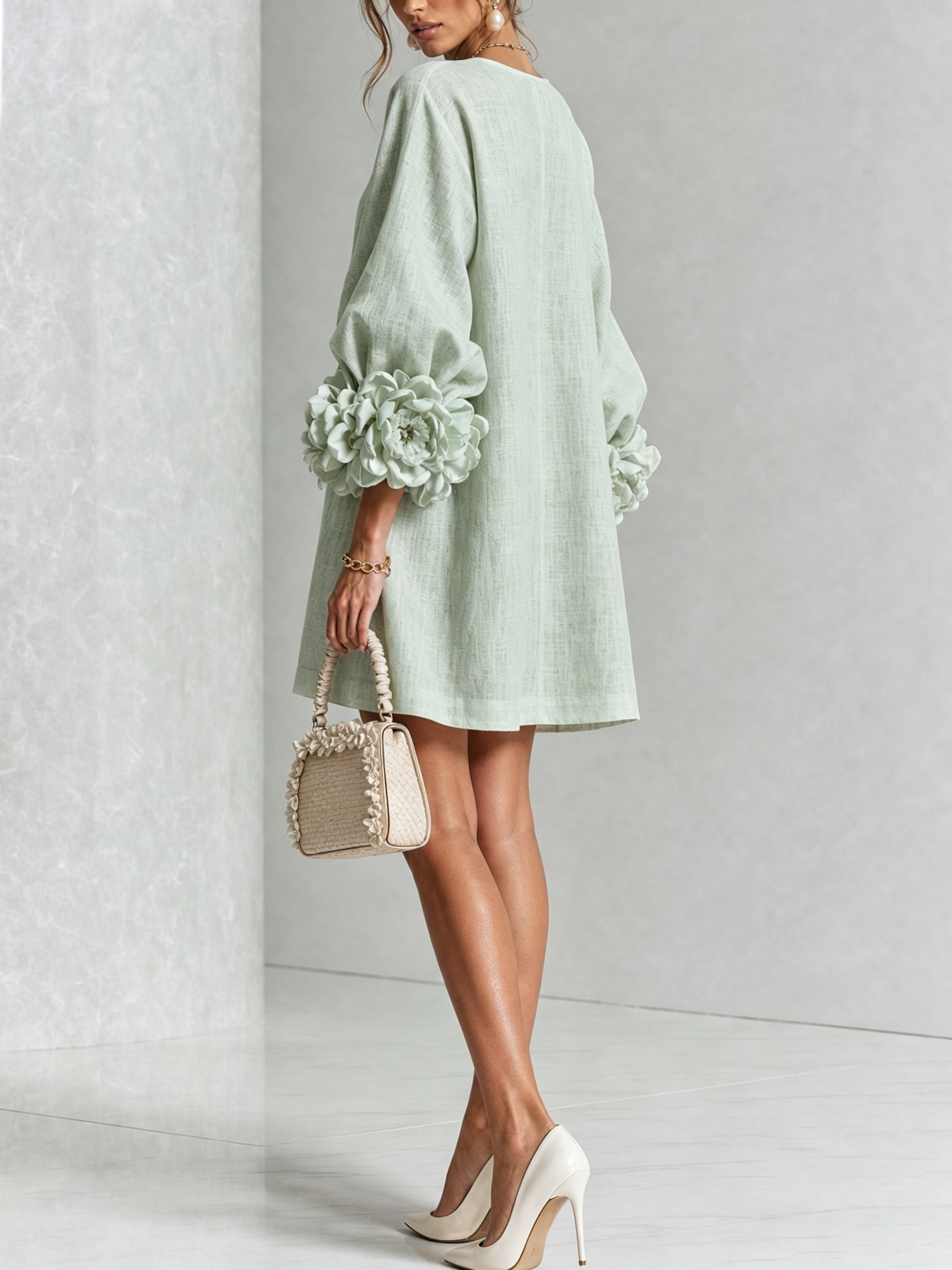 BloomCuff Mini Dress – Button-Front Shift Dress with Rose-Knot Cuffs