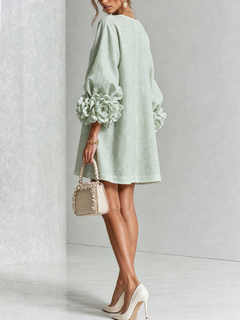 BloomCuff Mini Dress – Button-Front Shift Dress with Rose-Knot Cuffs