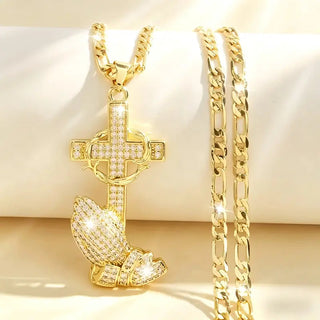 PrayerGlow Necklace – Gold-Tone Cross & Prayer Hands Pendant