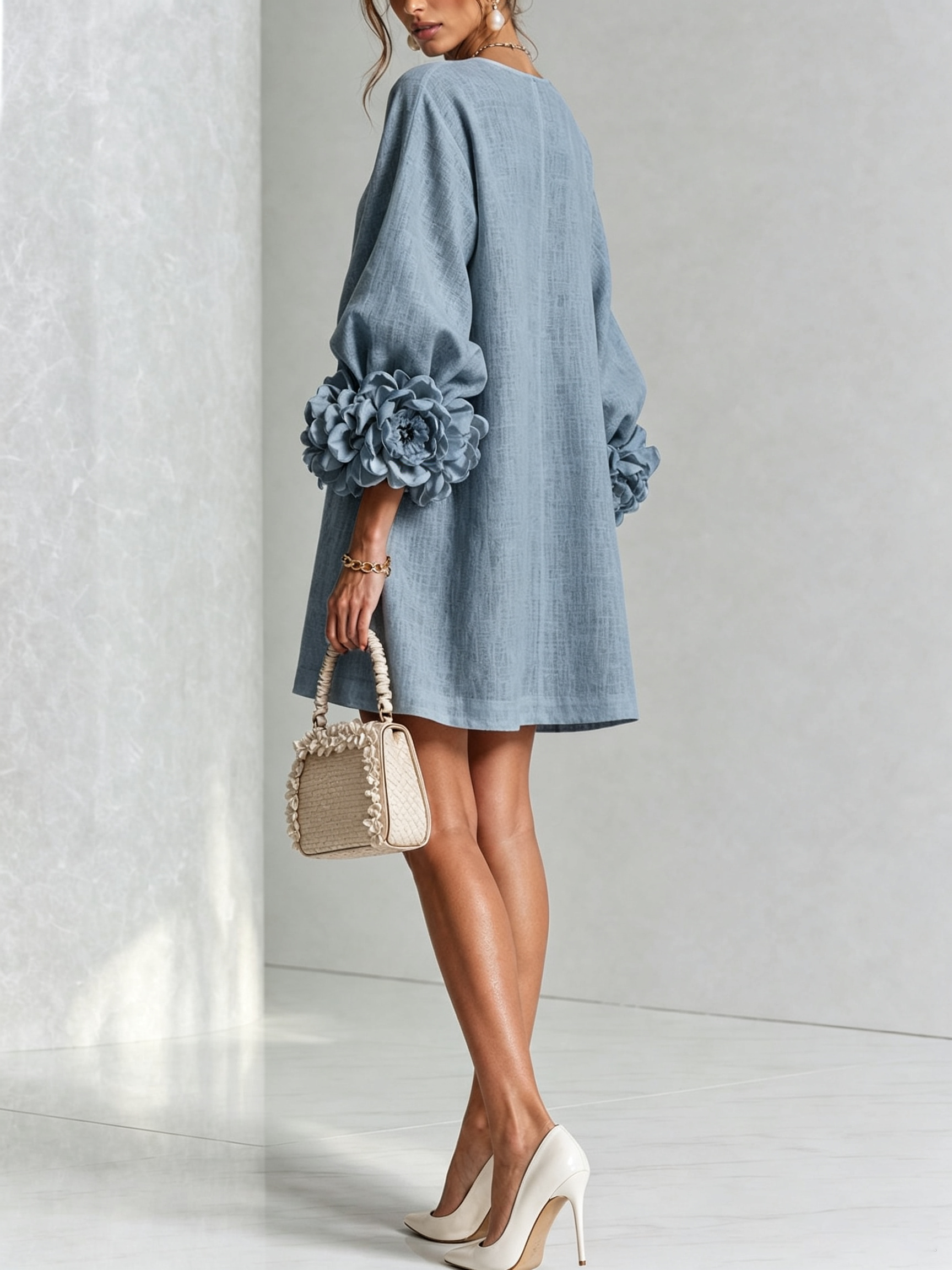 BloomCuff Mini Dress – Button-Front Shift Dress with Rose-Knot Cuffs