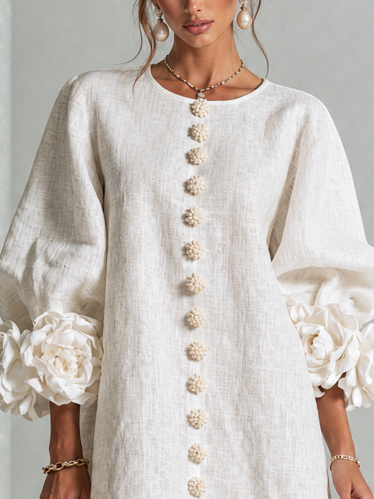 BloomCuff Mini Dress – Button-Front Shift Dress with Rose-Knot Cuffs
