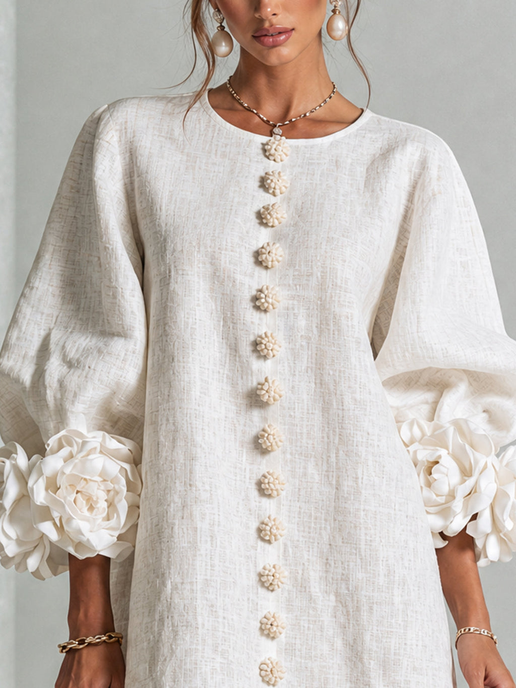 BloomCuff Mini Dress – Button-Front Shift Dress with Rose-Knot Cuffs