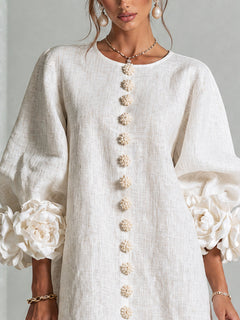BloomCuff Mini Dress – Button-Front Shift Dress with Rose-Knot Cuffs