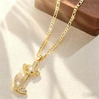 GracePendant – Gold-Tone Cross & Prayer Hands Necklace with Figaro Chain