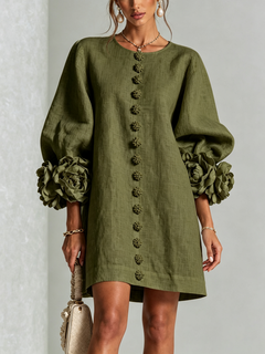 BloomCuff Mini Dress – Button-Front Shift Dress with Rose-Knot Cuffs