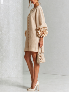 BloomCuff Mini Dress – Button-Front Shift Dress with Rose-Knot Cuffs
