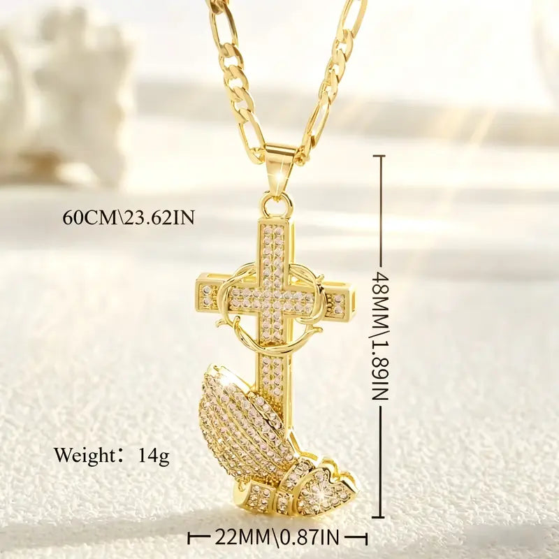GracePendant – Gold-Tone Cross & Prayer Hands Necklace with Figaro Chain