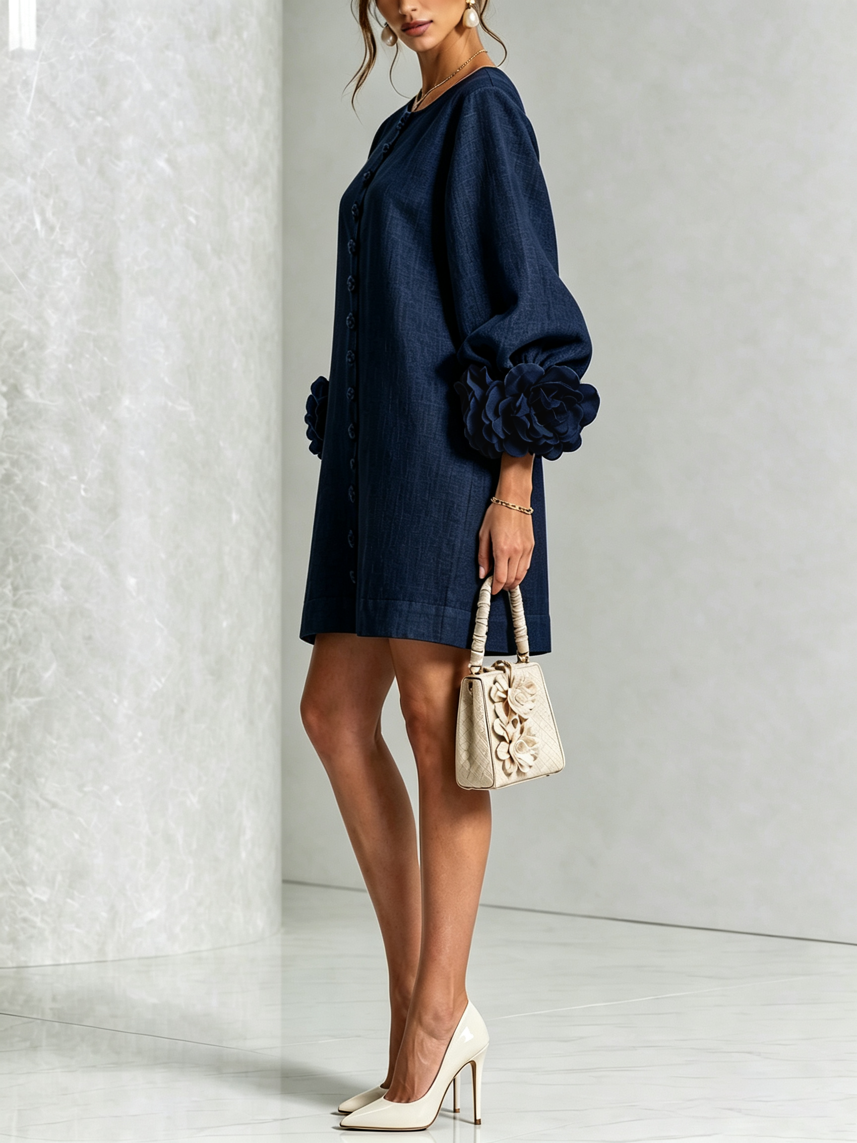 BloomCuff Mini Dress – Button-Front Shift Dress with Rose-Knot Cuffs
