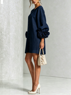 BloomCuff Mini Dress – Button-Front Shift Dress with Rose-Knot Cuffs