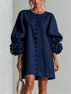 BloomCuff Mini Dress – Button-Front Shift Dress with Rose-Knot Cuffs