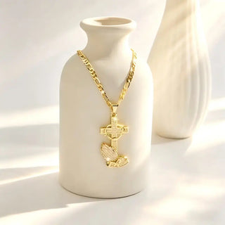 PrayerGlow Necklace – Gold-Tone Cross & Prayer Hands Pendant