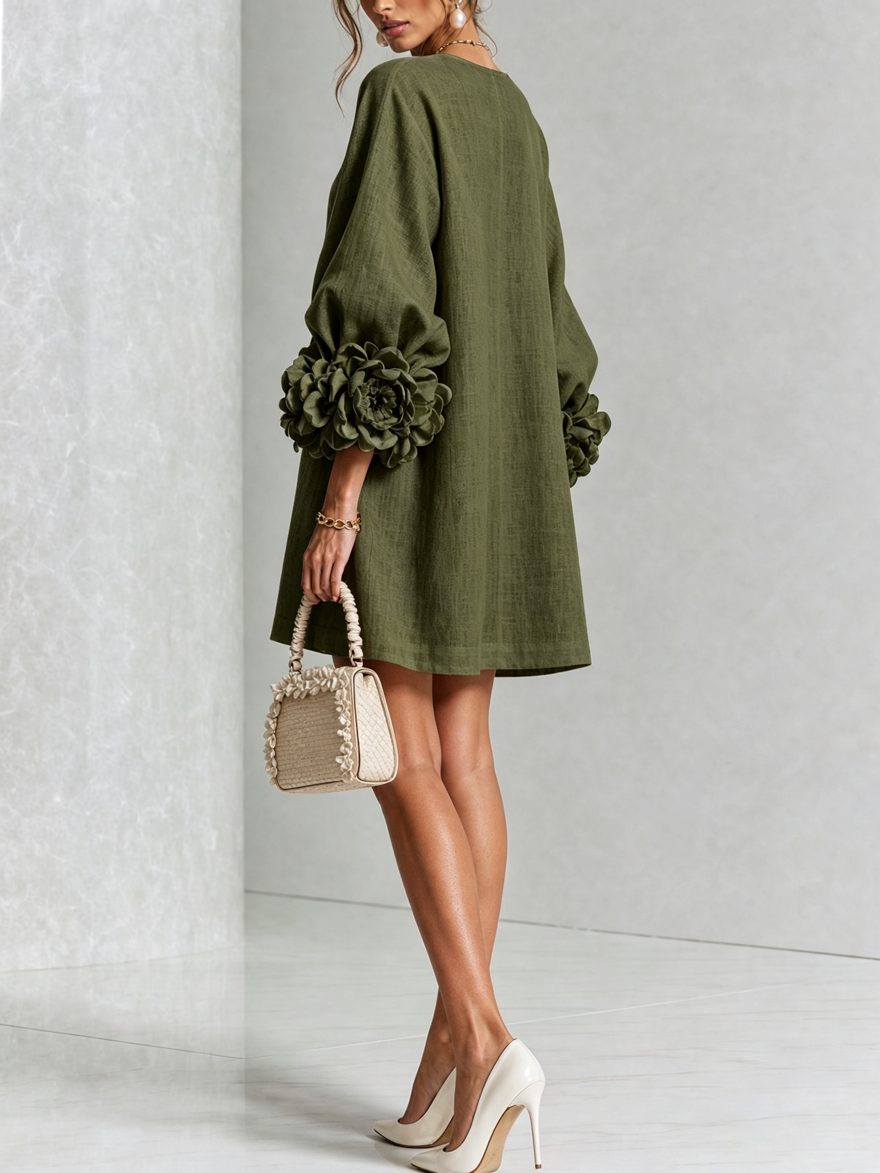 BloomCuff Mini Dress – Button-Front Shift Dress with Rose-Knot Cuffs