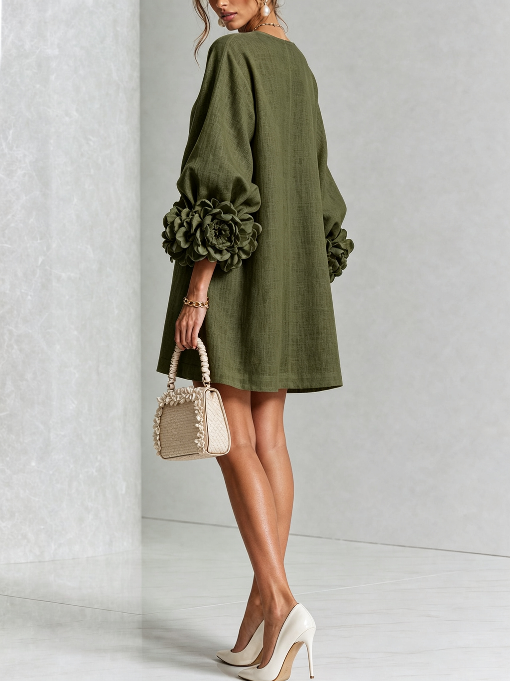 BloomCuff Mini Dress – Button-Front Shift Dress with Rose-Knot Cuffs