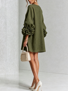 BloomCuff Mini Dress – Button-Front Shift Dress with Rose-Knot Cuffs