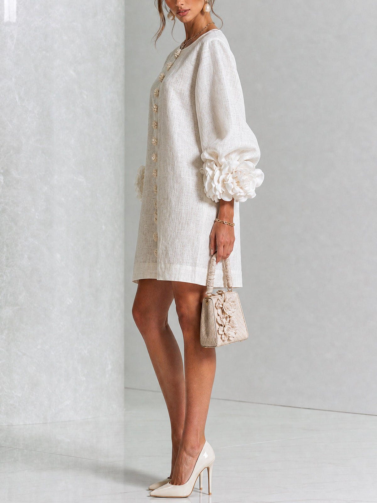 BloomCuff Mini Dress – Button-Front Shift Dress with Rose-Knot Cuffs