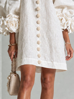 BloomCuff Mini Dress – Button-Front Shift Dress with Rose-Knot Cuffs