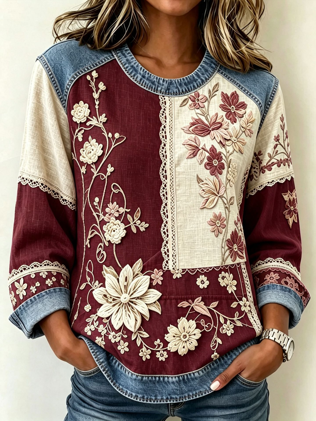 FloralDenim – 💛⏰ Women’s Floral Denim Patchwork Top