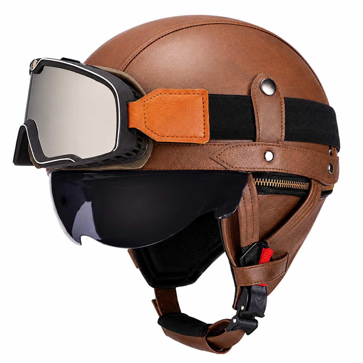 AviatorRide – Vintage PU Leather DOT Motorcycle Half Helmet with Goggles