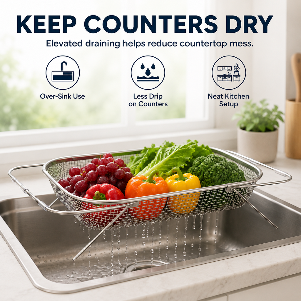 SinkSpan – Adjustable Stainless Steel Over-the-Sink Drainer Basket