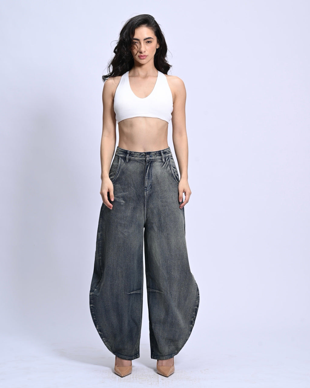 BarrelBloom – High-Rise Barrel Cut Wide-Leg Denim
