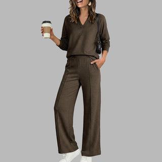 EaseLuxe – 👚Women's Casual V-Neck Top & Wide-Leg Pants Set