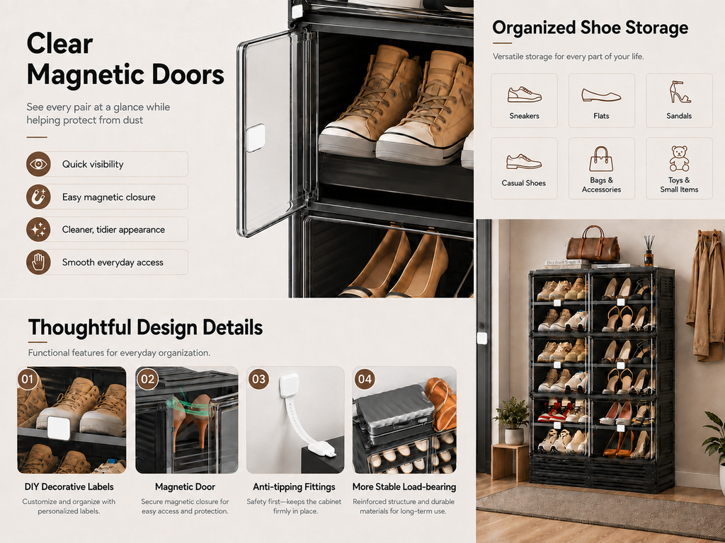 ClearStack – Foldable Shoe Organizer with Magnetic Doors
