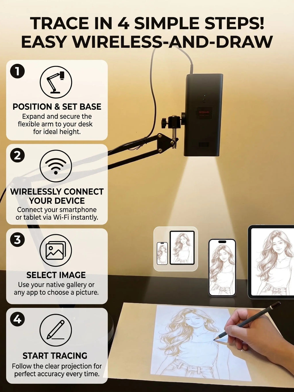 TraceCraft – Wireless Art Tracing Projector with 360° Flexible Arm